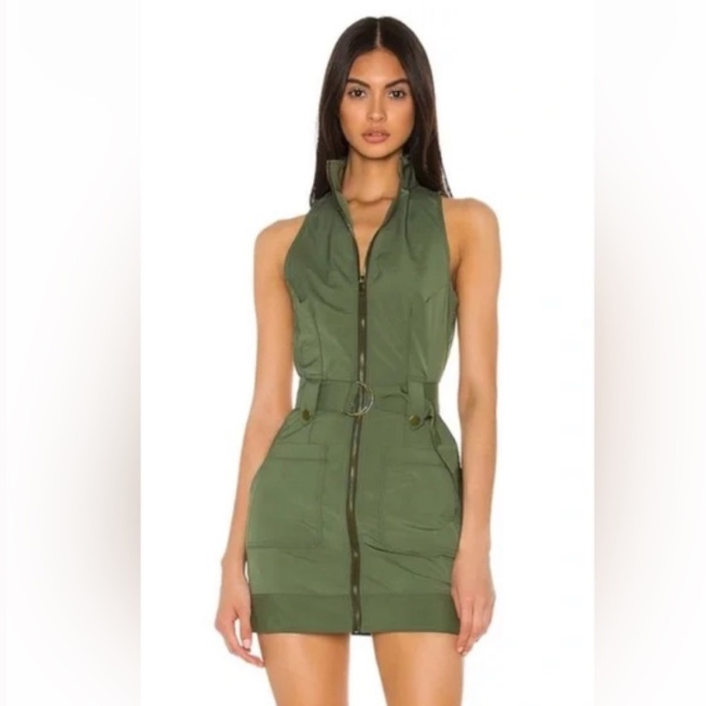 SUPERDOWN Revolve Nylon Forest Green Zipper Jumpsuit Skirt Dress sz. XS